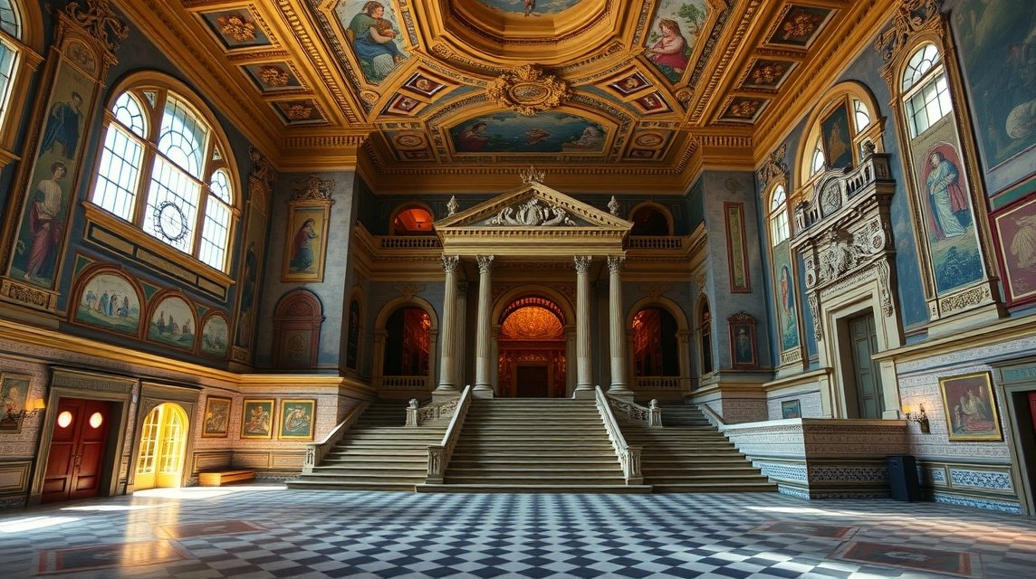 Az Egyetem Palotája belső tere Jászvásáron, monumentális lépcsőkkel és festményekkel.