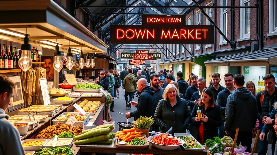 Eindhoven Down Town Gourmet Market, ínycsiklandó ételek és látogatók.