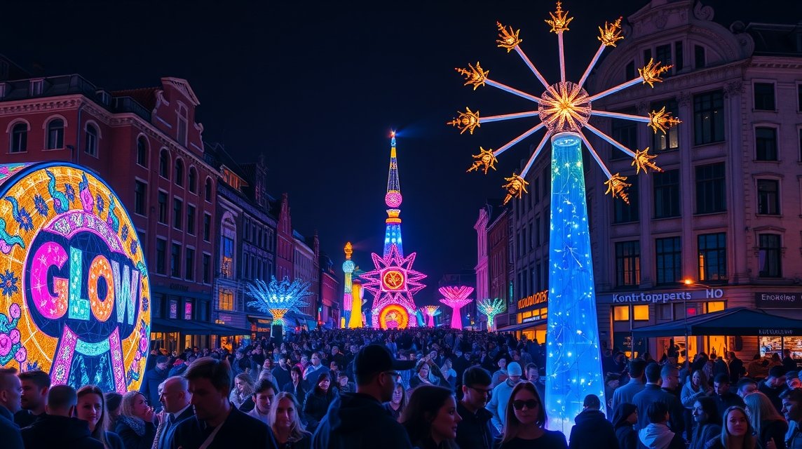 Eindhoven GLOW fényfesztivál lenyűgöző fényinstallációi éjszaka.