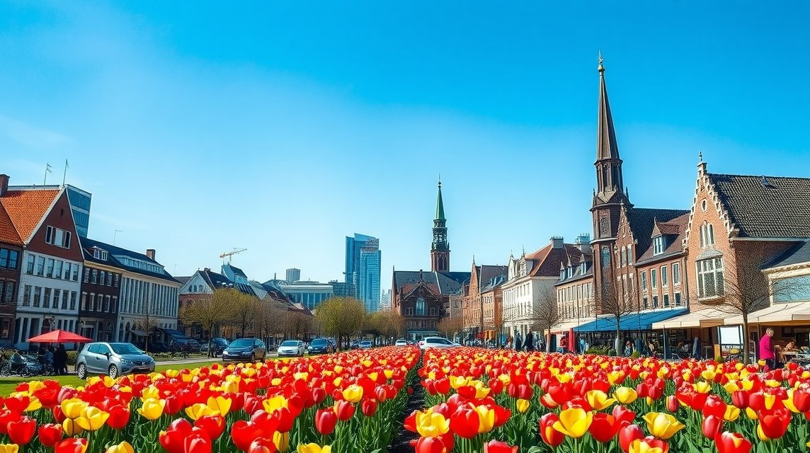 Eindhoven városképe tavaszi virágokkal