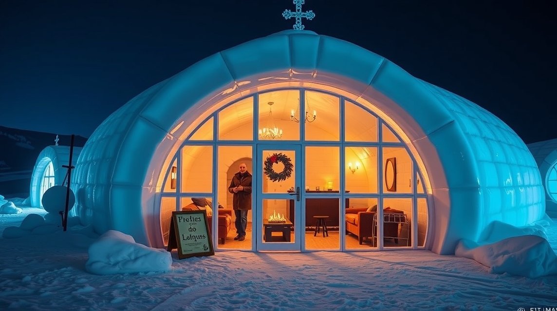 Hôtel de Glace éjszakai kép, varázslatos jégpalota Québecben