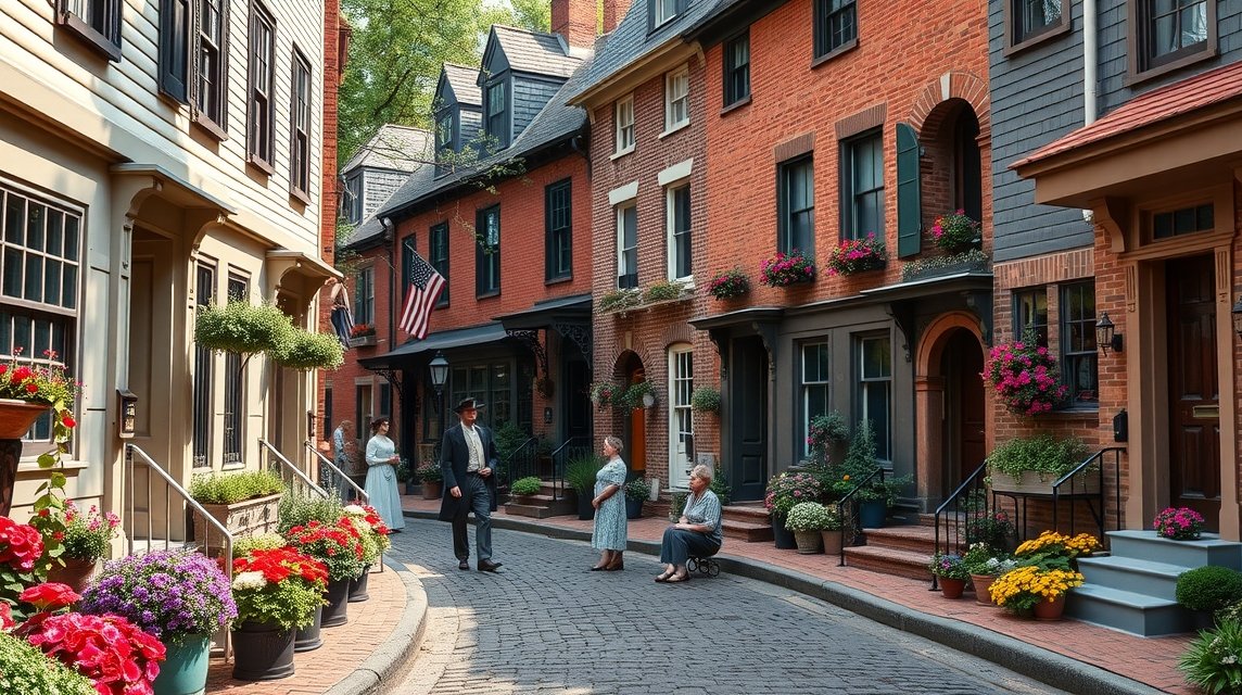 Elfreth's Alley, a historic street in Philadelphia with colonial houses.