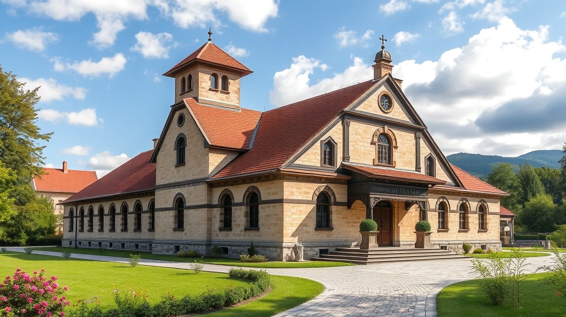 Első Román Iskola múzeuma Brassóban, gyönyörű épülettel és zöld környezettel
