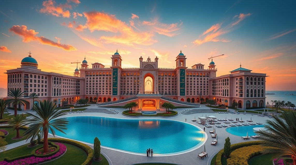 Az Emirates Palace luxusszálloda Abu Dhabiban, gyönyörű naplementében