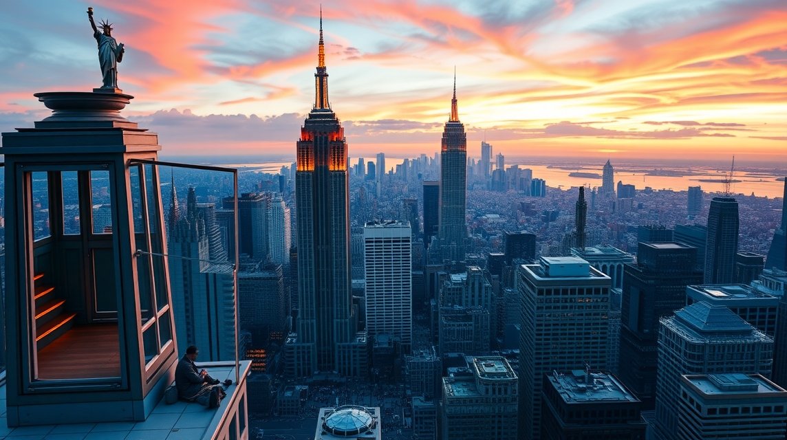 Panoráma az Empire State Building kilátójából New York felett naplementekor.