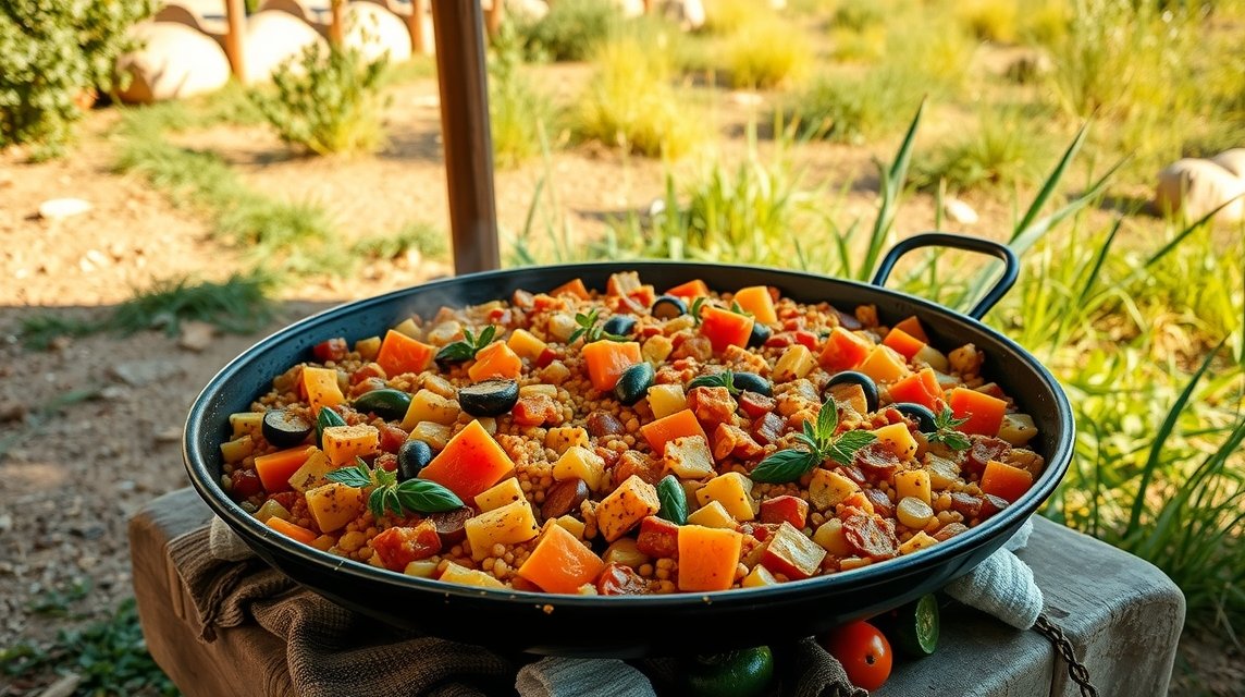 Tradicionális Paella Valenciana friss hozzávalókkal, gyönyörű környezetben.
