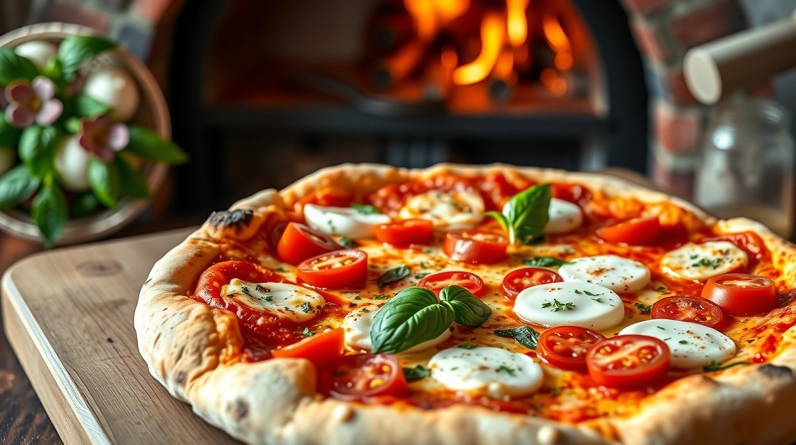 Az eredeti pizzanapoletana friss alapanyagokkal, San Marzano paradicsommal és mozzarella di bufala sajttal.