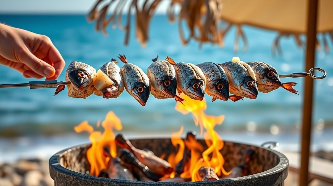 Nyarson sült szardínia készítése a tengerparton Málaga közelében