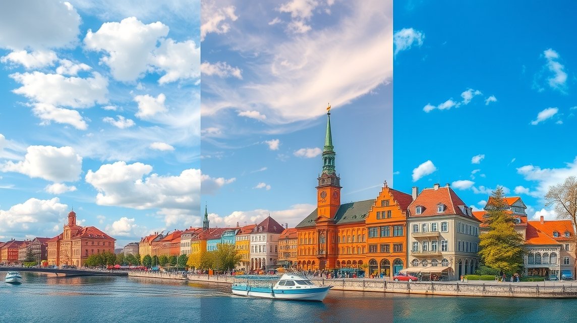 Essen városának panorámaképe a vízpart mellett, napfényben.