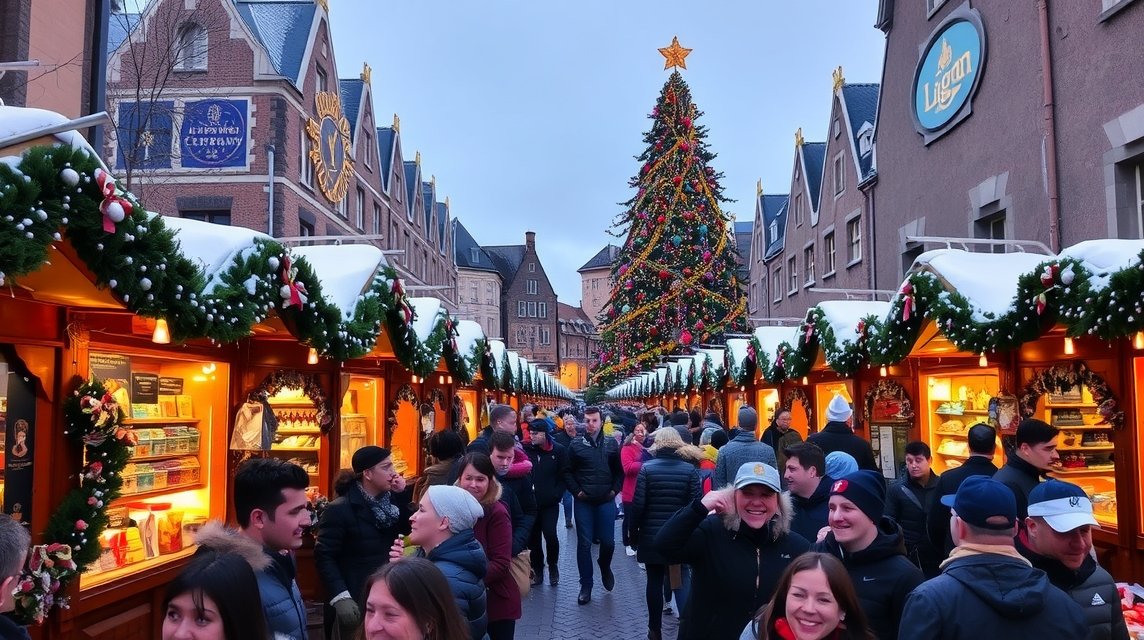 Essen karácsonyi vásár, díszes fenyőfa és vidám látogatók.