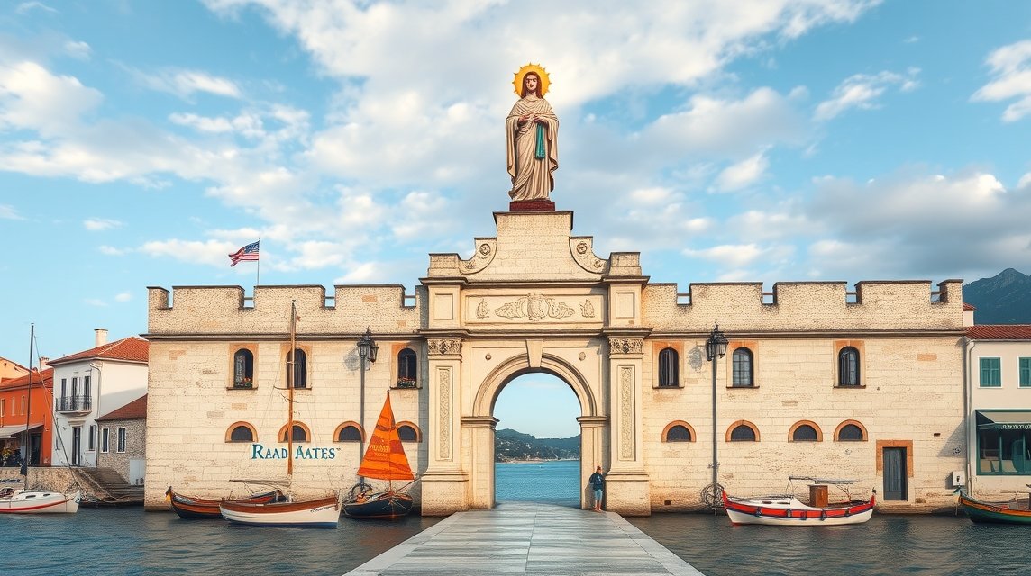 Az Északi Kapu Trogir középkori építészete és Szűz Mária szobra