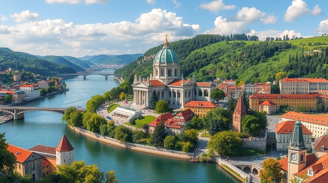 Az Esztergomi Bazilika és a Duna városképe, gyönyörű pannoráma