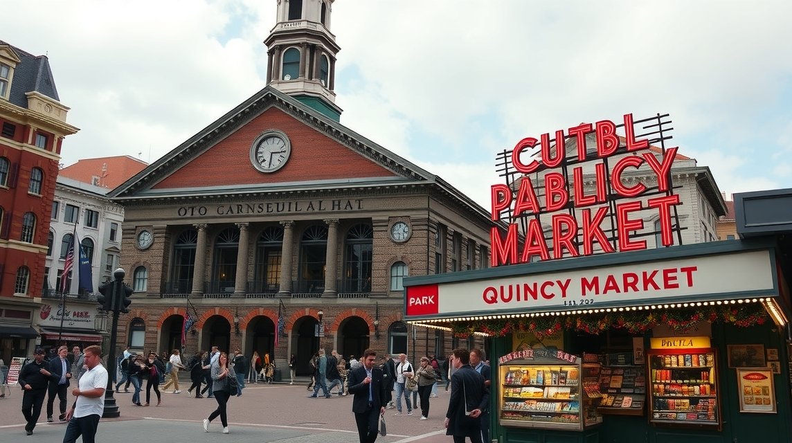 Faneuil Hall és Quincy Market Bostonban, látogatók a piacon