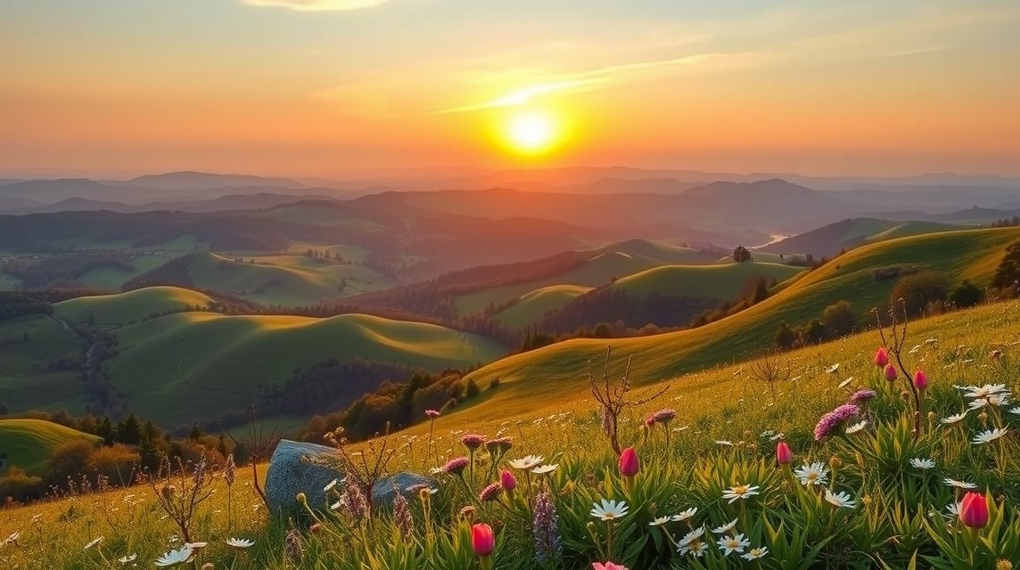 Naplemente a Balaton-felvidék napsütötte dombjain