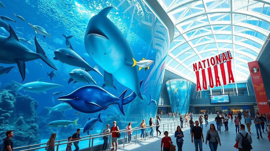 Nemzeti Akvárium látványa cápákkal és delfinekkel Baltimore-ban