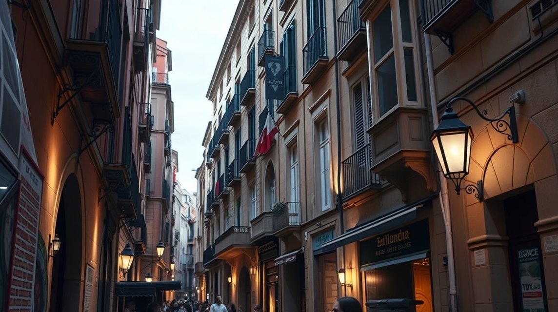 Barcelona Gótikus negyedének sikátora, hangulatos épületek és lámpák