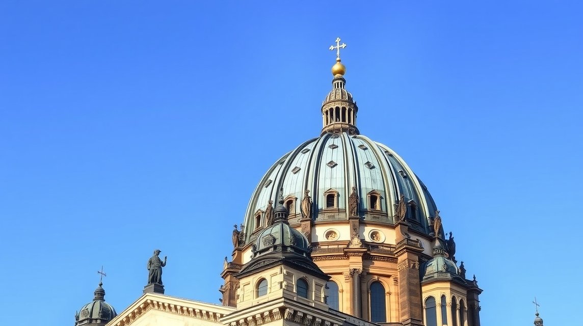 Berlin látnivalók - A Berlini dóm (Berliner Dom) kupolája 1 A Berlini Dóm kupolája világos kéken a tiszta égbolt alatt.