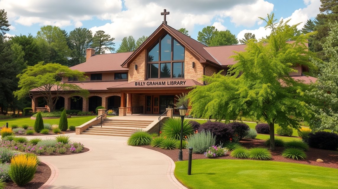 A Billy Graham Könyvtár épülete Charlotte-ban, szép kertekkel.