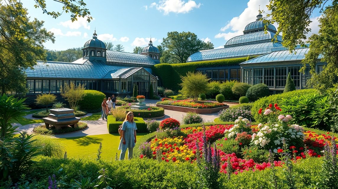 Birminghami Botanikus Kert gyönyörű virágokkal és üvegházakkal