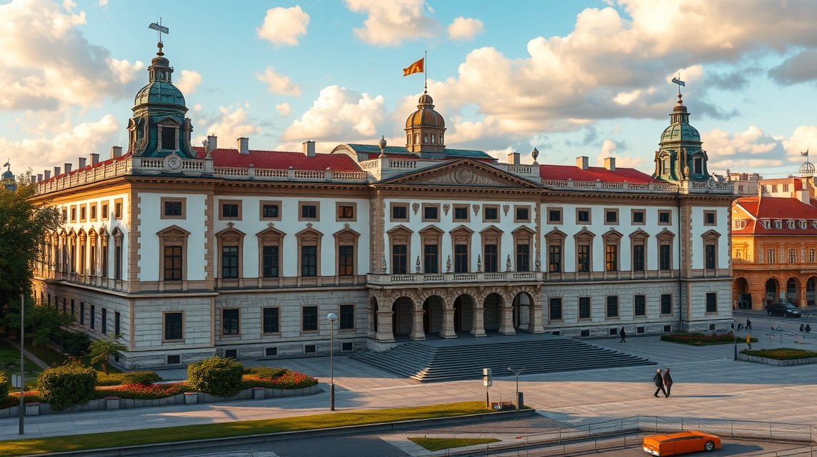 A Bohus-palota külső nézete Aradon, Romániában, gyönyörű építészettel.