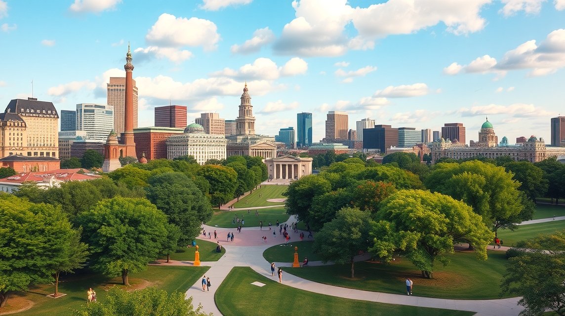 Panorámás kilátás a Boston Common parkra és a város látnivalóira.