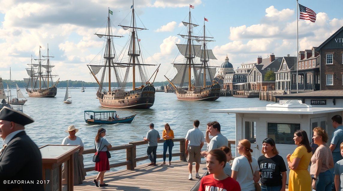 Hajók a Boston Tea Party Ships & Museum területén, látogatók körében