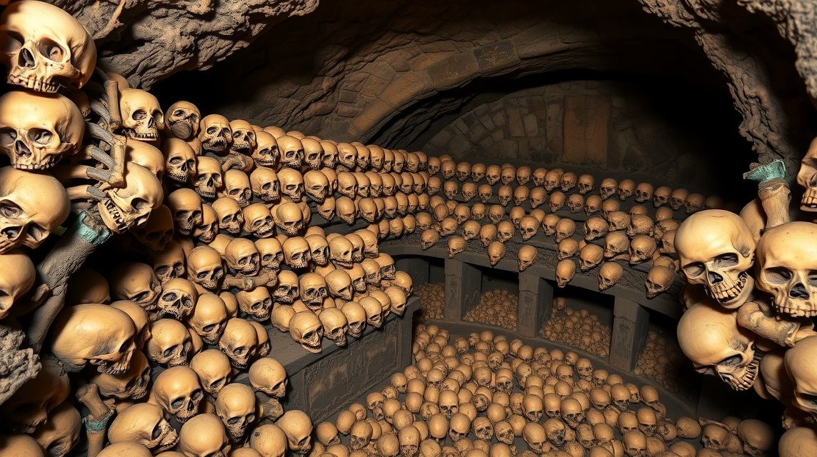 Szent Jakab-templom csontkápolnája Brnóban, kézzel készített koponyák