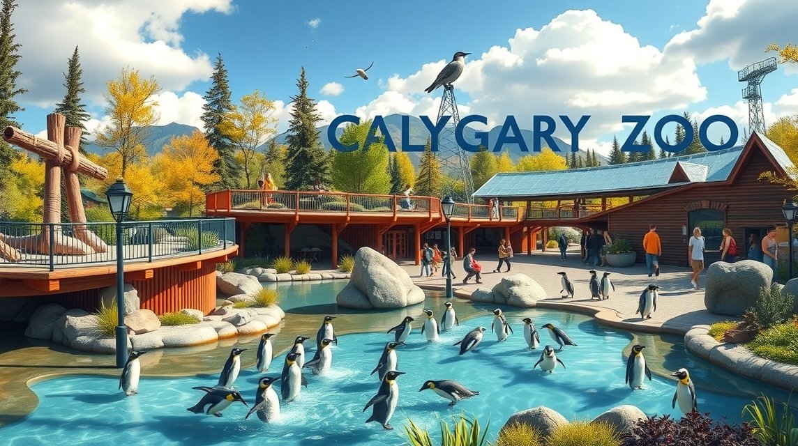 A Calgary Állatkert pingvinjei és látogatók egy szép napon.