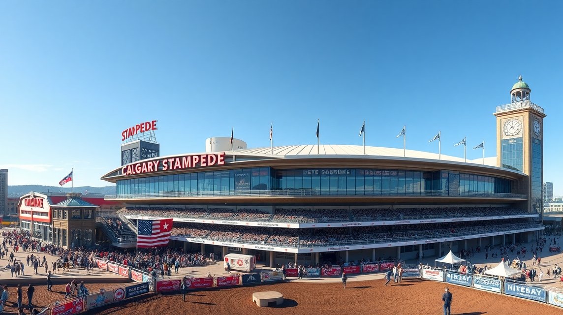 Calgary Stampede aréna és park panorámaképe látogatók tömegével