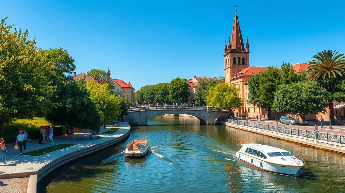 A Canal du Midi környéke Toulouse-ban, hajókkal és zöld fákkal.