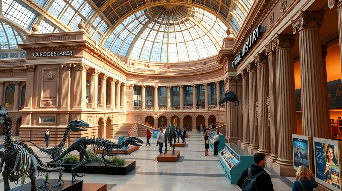 A Carnegie Természettudományi Múzeum belső területe dínócsontvázzal.
