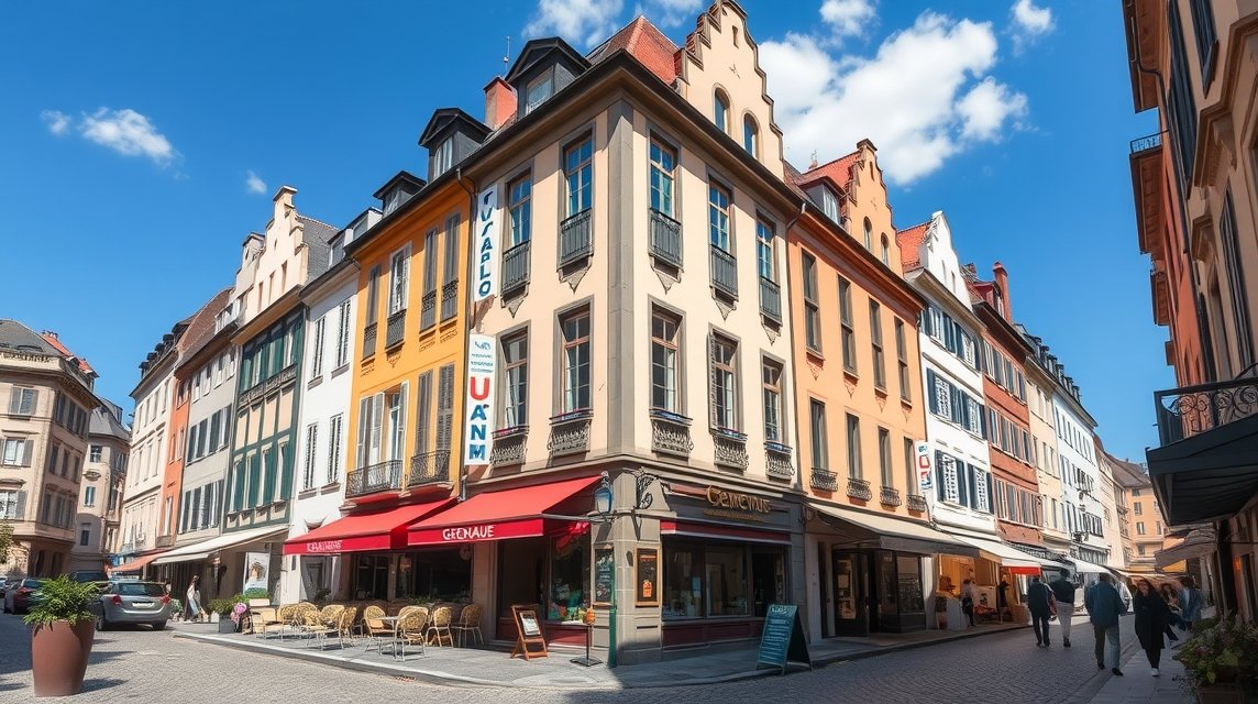 Carouge negyed utcája Genfben, színes épületekkel és kávézókkal.