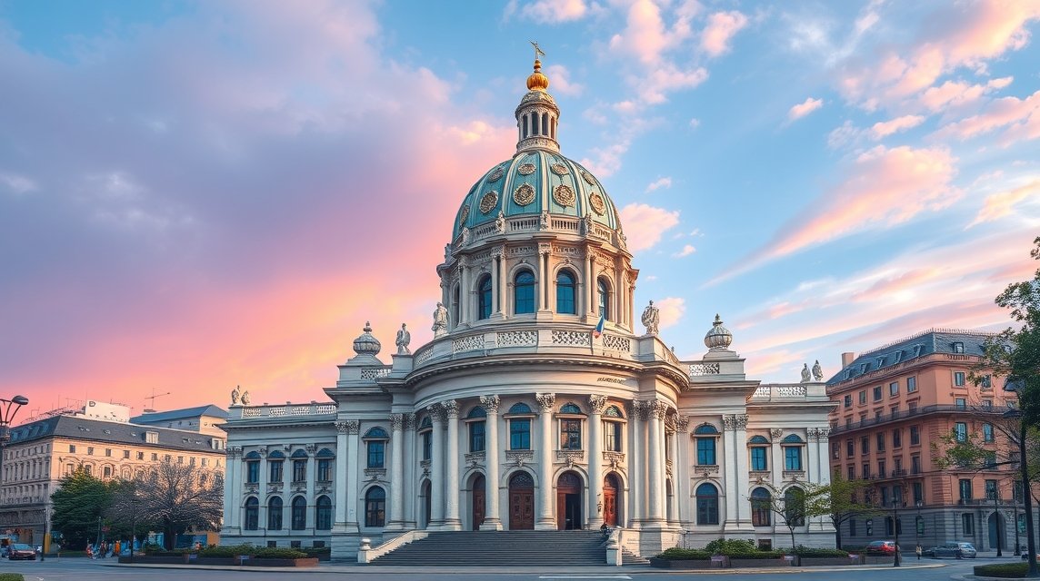 A CEC Palota kupolás épülete Bukarestben, gyönyörű aranyozott díszítéssel.