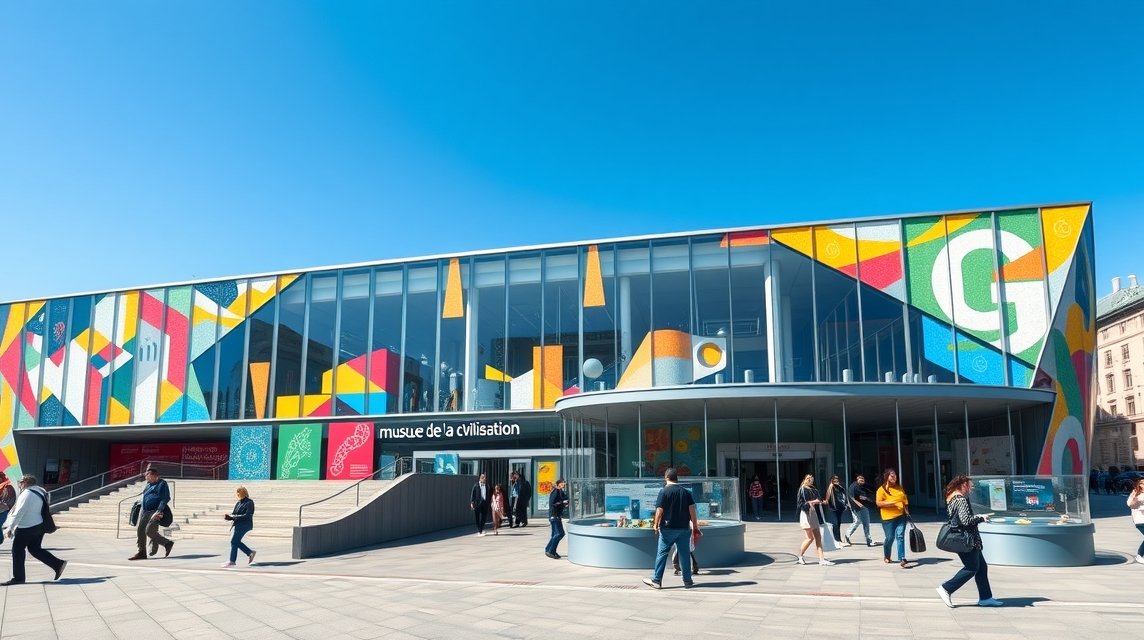 A Civilizáció Múzeuma modern épülete Québec városában, látogatók érkeznek.