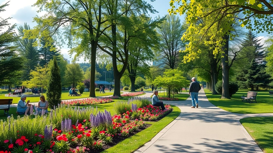 Lipcse látnivalók - Clara-Zetkin Park 1 Lipcse Clara-Zetkin Park zöldellő tája virágokkal és sétálókkal