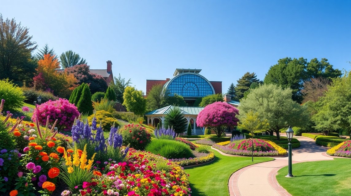 Színpompás virágágyások a Daniel Stowe Botanikus Kertben Charlotte közelében.