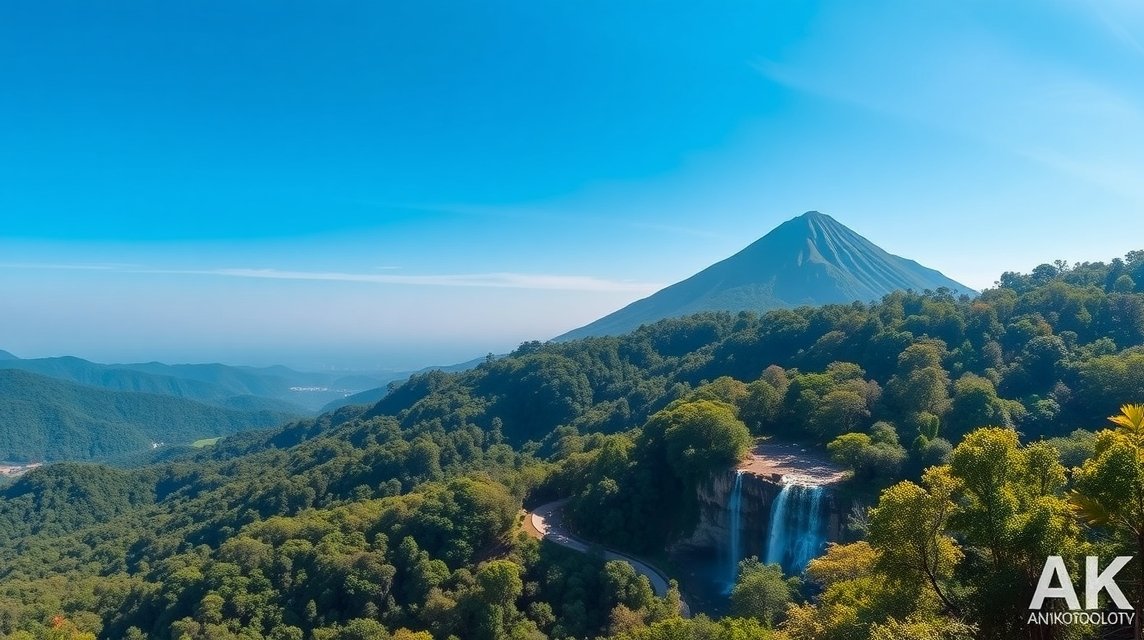 Panorámakép a Doi Inthanon Nemzeti Parkról, zöld hegyekkel és vízeséssel