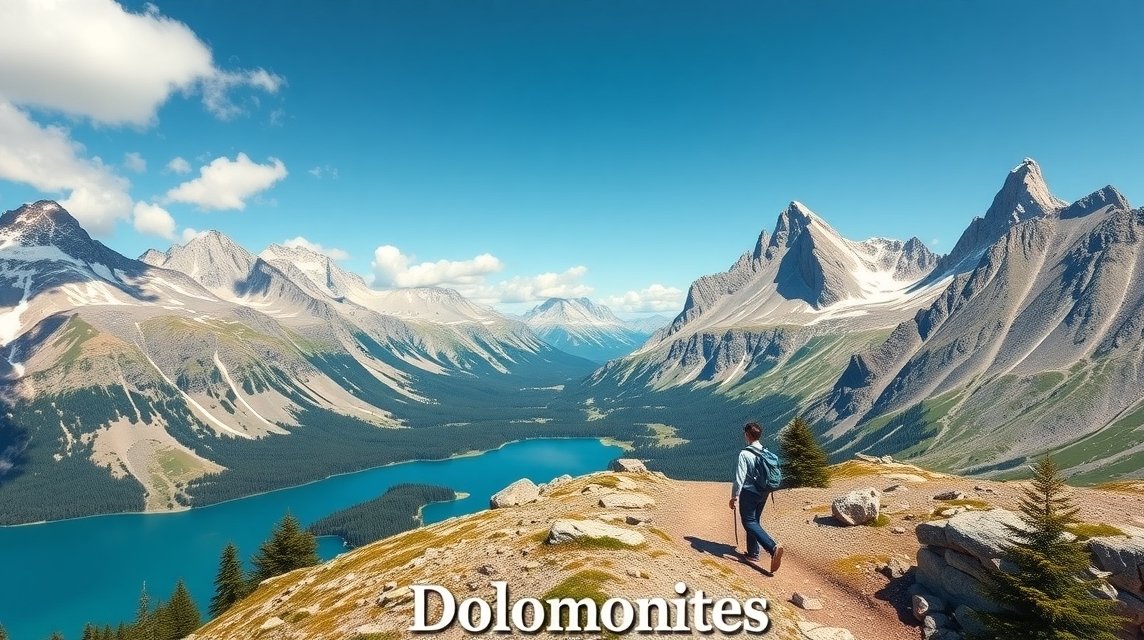 Túrázó a Dolomitok gyönyörű táján, hegyek és tavak panorámájával.