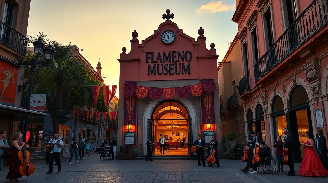 A Flamenco Múzeum bejárata Sevillában, este élő zenével.