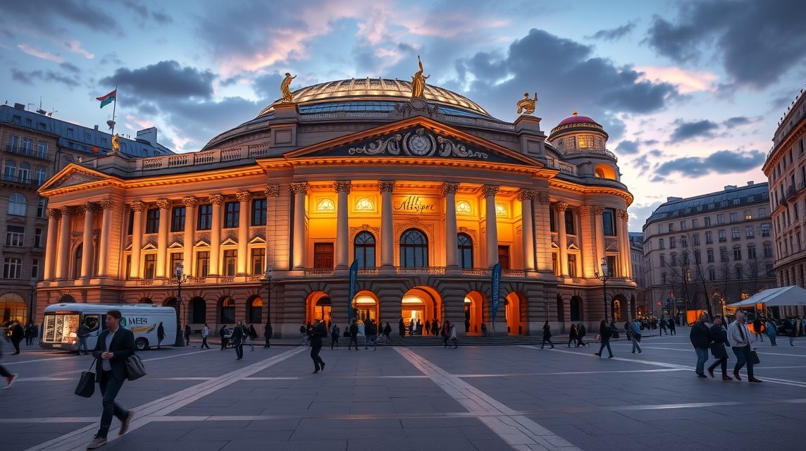 A Frankfurt Régi Opera (Alte Oper) épülete a város szívében, este kivilágítva.