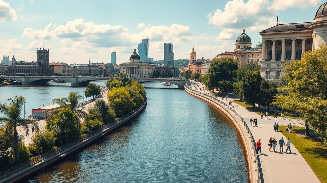 Frankfurti Múzeumpart és a Majna folyó panorámája séta közben.