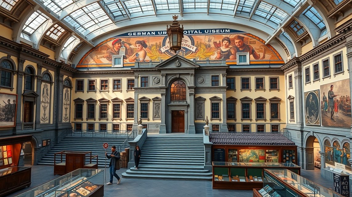 A Germán Nemzeti Múzeum elegáns belső tere, hagyományos műalkotásokkal.