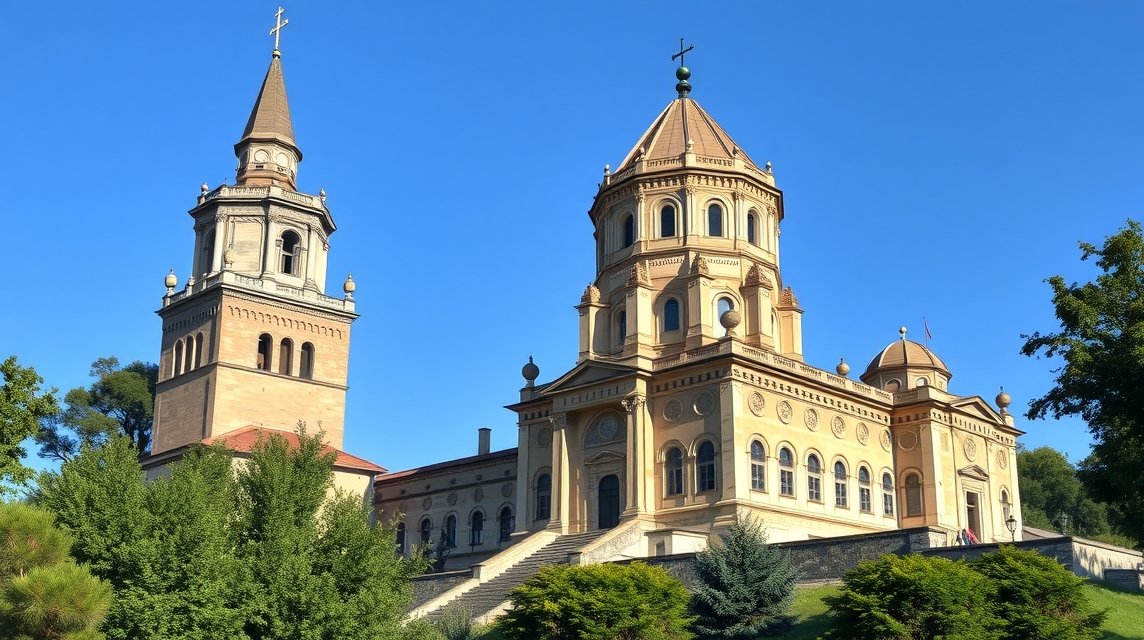 Jászvásár látnivalók - A Golia kolostor és a torony 1 A Golia kolostor és tornya Jászvásáron, Romániában, gyönyörű háttérben.