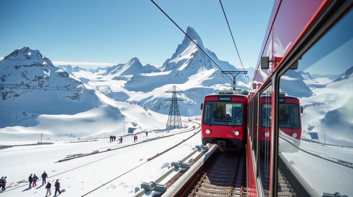 Zermatt látnivalók - Utazás a Gornergrat vasúttal a kilátóhoz 1 Gornergrat vasút a svájci hegyekben, a Matterhorn kilátással.