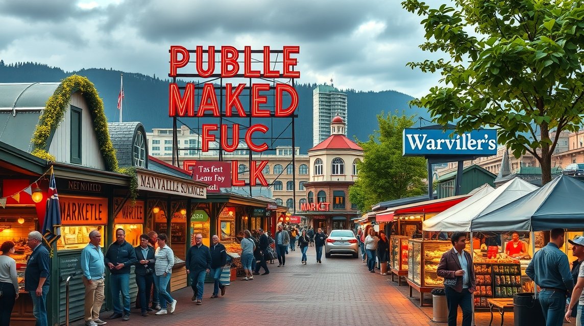 Granville Market élénk piaca Vancouverben, helyi ízekkel és kézműves boltokkal.