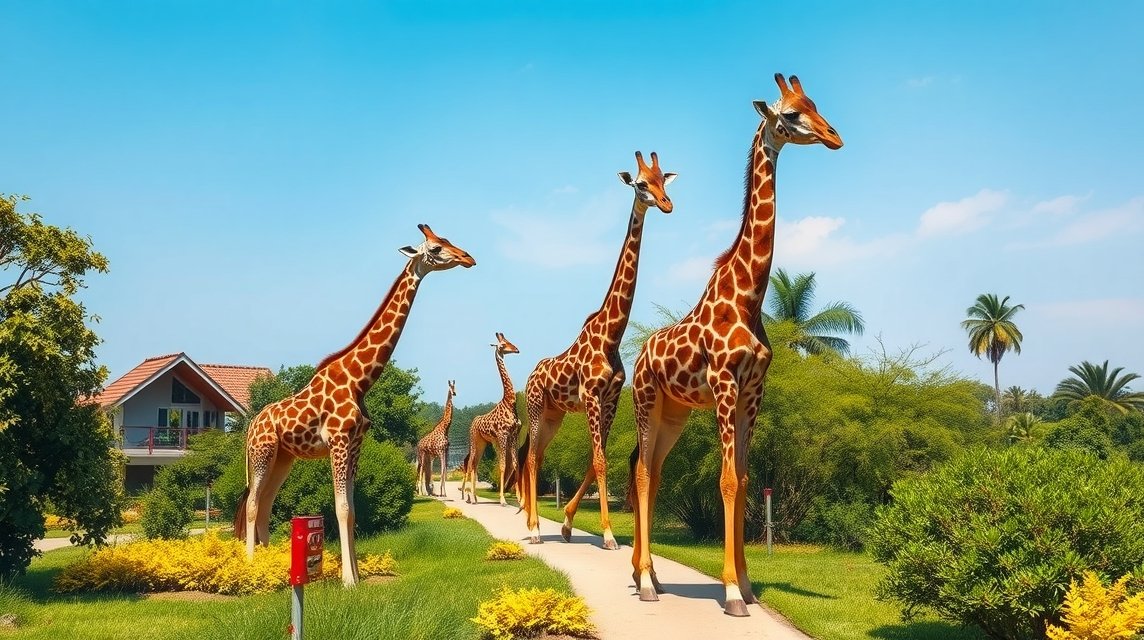 Zsiráfok sétálnak a Haller Parkban Mombasában, Kenya