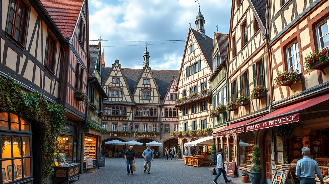 A Nürnbergi Handwerkerhof kézműves udvara középkori stílusban.