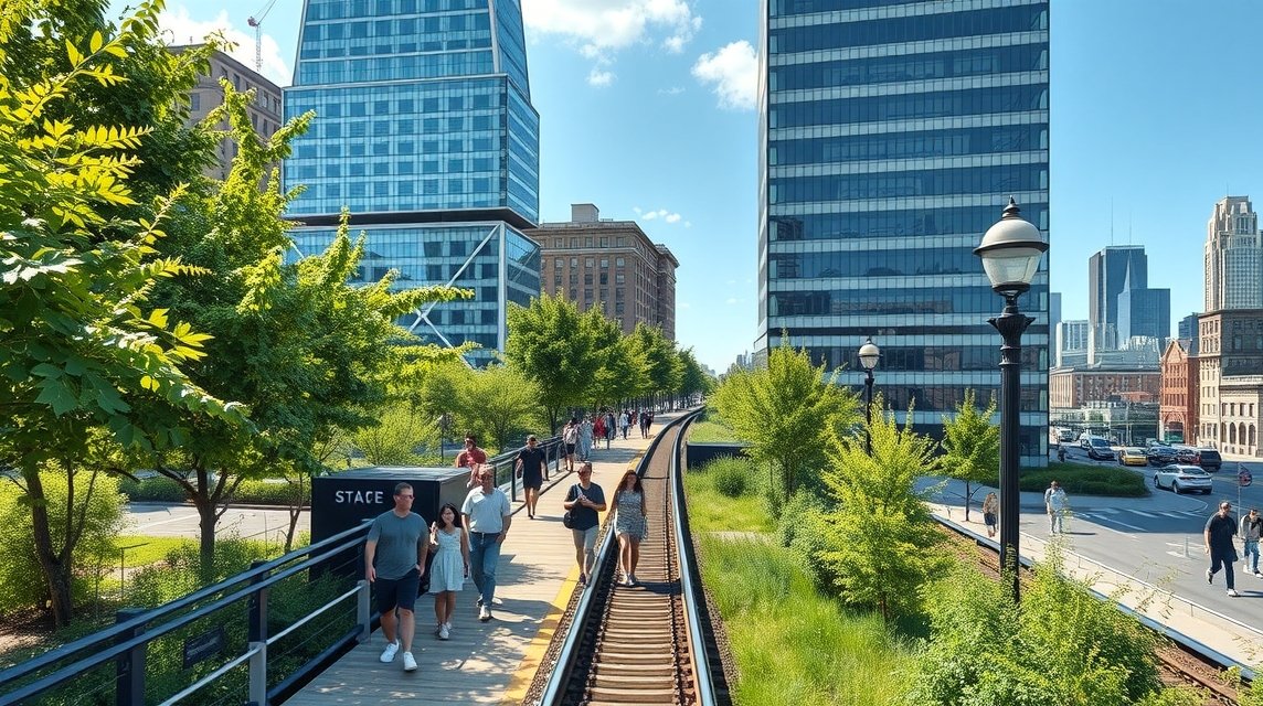 A High Line park Manhattanban, sétáló emberekkel és zöld növényzettel.