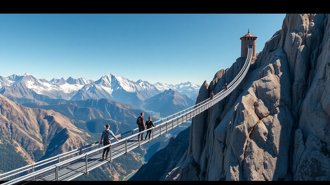 Highline179 gyalogos függőhíd panorámája Ausztriában, hegyek között.