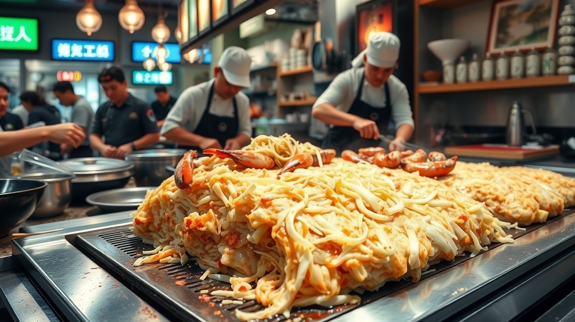 Hirosima gasztronómia - A hirosimai stílusú okonomiyaki 1 Hirosimai okonomiyaki készítése friss hozzávalókból egy étteremben.